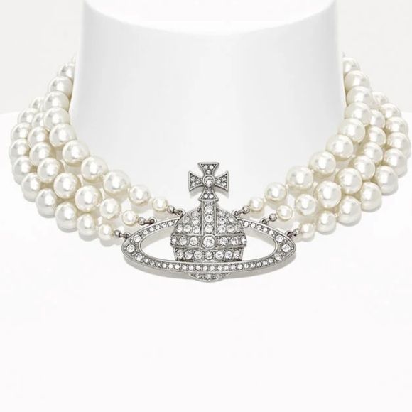 vivienne westwood three row pearl bas relief choker